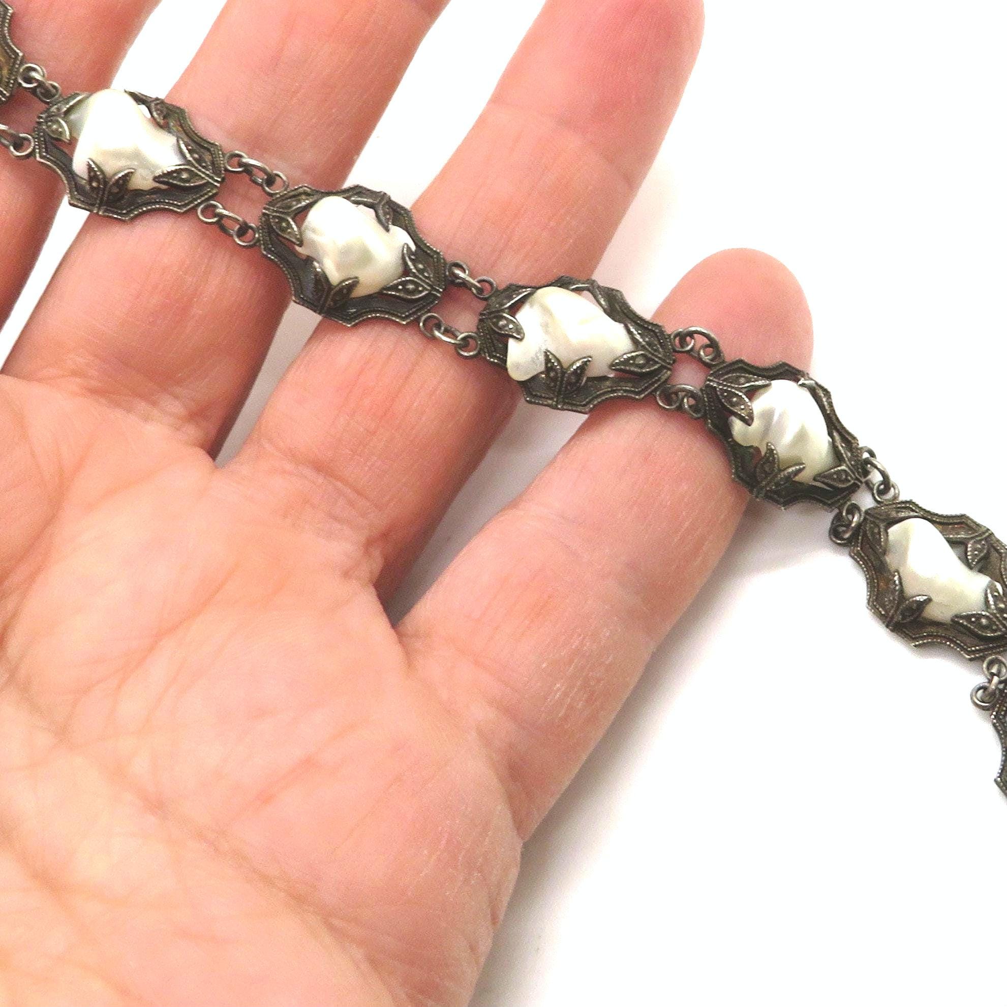 Art Nouveau Sterling Baroque Pearl Bracelet