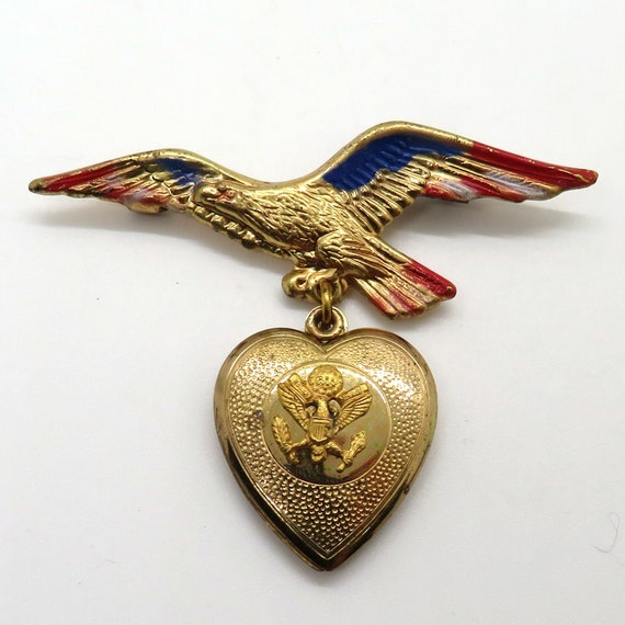 WWII Red White and Blue Eagle Pin with Heart Lock… - image 1