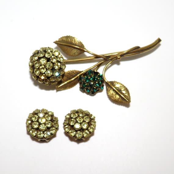 Sandor Rhinestone Flower Pin and Clip Earrings
