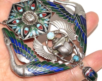 Pendentif-broche égyptien Scarabée Argenté Doré - Style Pharaon - Occasion - Pièce Unique Vintage