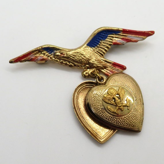 WWII Red White and Blue Eagle Pin with Heart Lock… - image 3