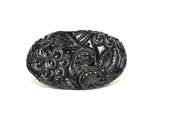 Large Oval Floral Carved and Pierced Black Bakeli… - image 1