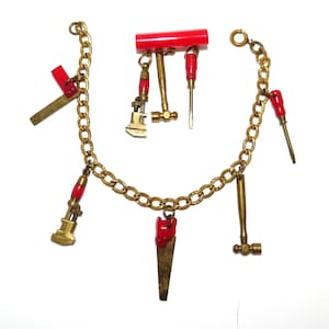 Vintage Red Bakelite and Brass Tool Charm Bracelet and Dangle Pin