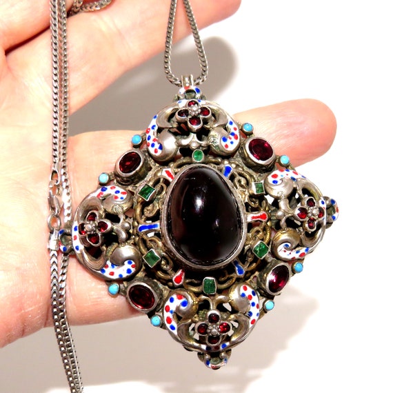 Edwardian Silver, Enamel, Garnet and Emerald Aust… - image 6