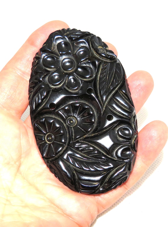 Large Oval Floral Carved and Pierced Black Bakeli… - image 4