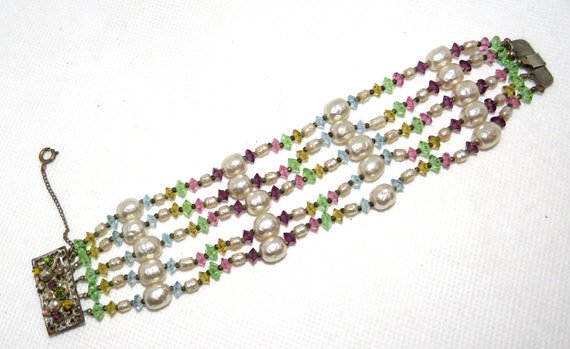 Miriam Haskell Pearl and Colored Crystal Bracelet - image 4