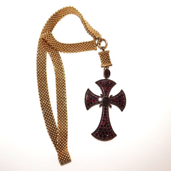 Late Victorian Garnet Cross Pendant on Gold Fille… - image 5