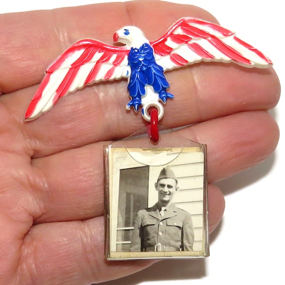 WWII Sweetheart Celluloid Eagle Pin with Photo Ho… - image 1