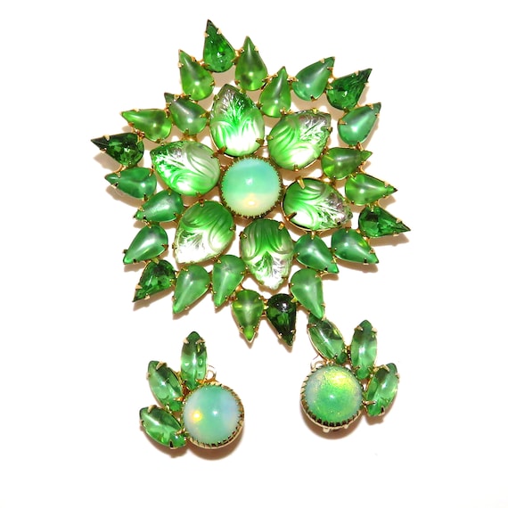 Garne Large Green Rhinestone Pin and Clip Earring… - image 1