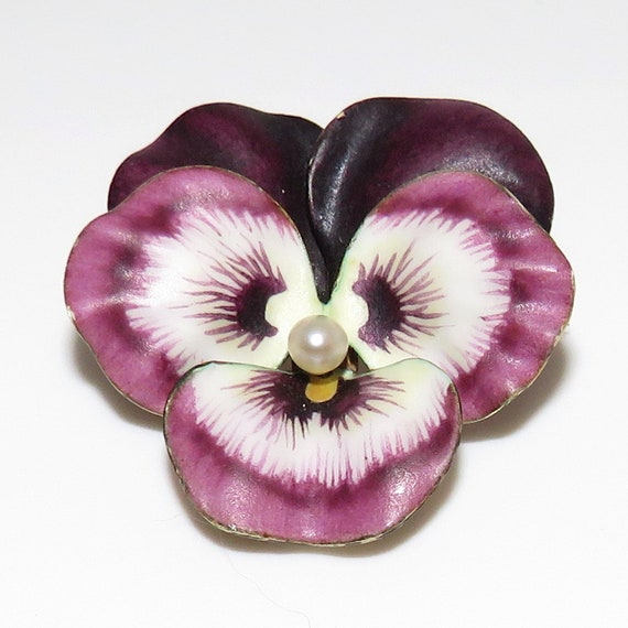 Art Nouveau 14 K Enamel and Pearl Pansy Pin - Hed… - image 1