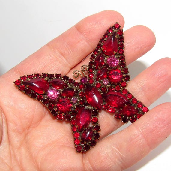 Weiss Red Rhinestone Butterfly Pin