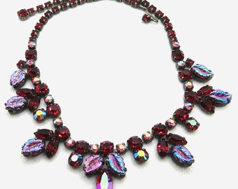 Regency Rhinestone Necklace with Red and Iridescent Stones