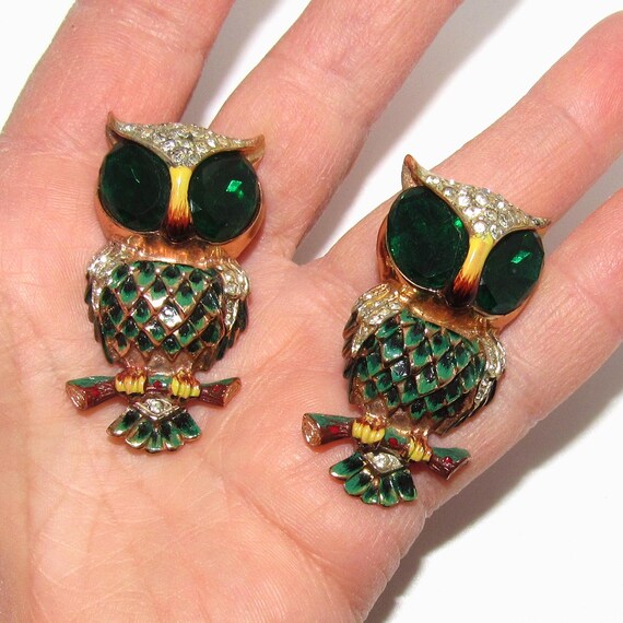 Coro Craft Sterling and Enamel Owl Duette Pin View 4