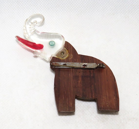 1950's Carved Wood and Lucite Elephant Pin - image 3