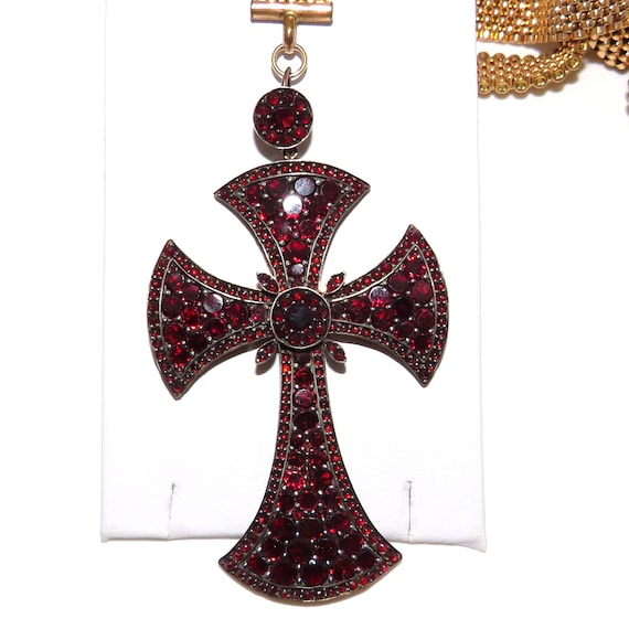 Late Victorian Garnet Cross Pendant on Gold Fille… - image 2