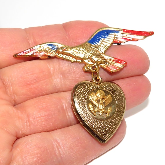 WWII Red White and Blue Eagle Pin with Heart Lock… - image 4