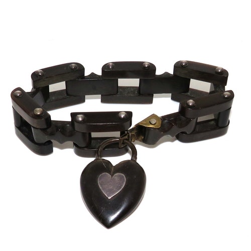 Victorian Carved Cow Horn Link Bracelet with Heart Padlock Clasp