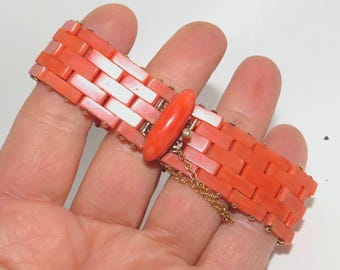 Victorian Gold and Coral Basket Weave Design Bracelet
