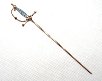 Victorian Tested 10 K Rose Gold and Blue Enamel Sword Hatpin