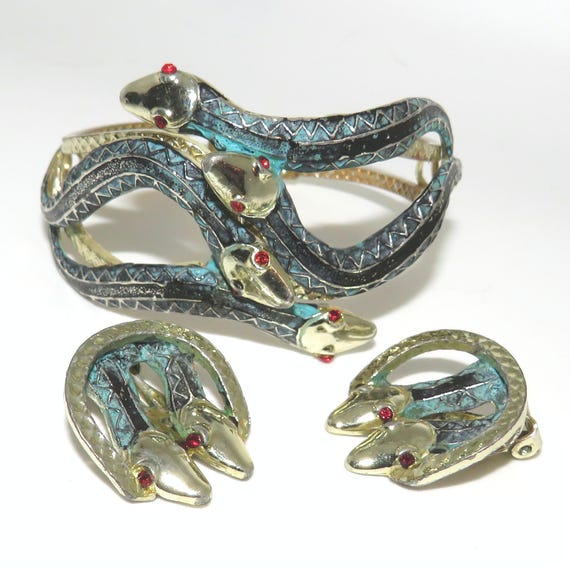 Vintage Snake Clamp Bangle and Clip Earrings