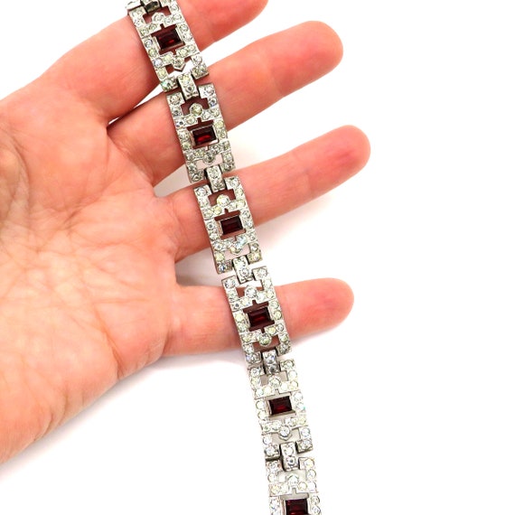 KTF Trifari Sparkly Deco Rhinestone and Red Brace… - image 1