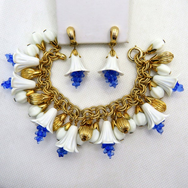 Napier White and Blue Flower Dangle Bracelet and Clip Earrings