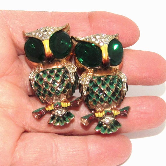 Coro Craft Sterling and Enamel Owl Duette Pin View 2