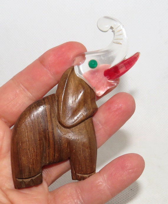 1950's Carved Wood and Lucite Elephant Pin - image 1