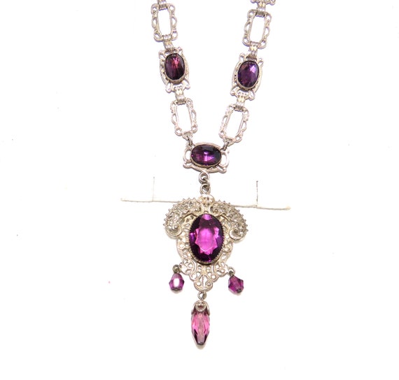 Art Nouveau Purple Glass Necklace with Dangles - image 2
