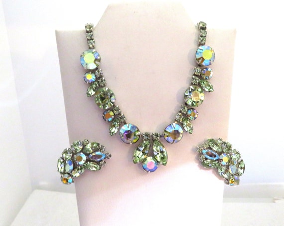 Weiss Green Rhinestone Necklace and Earrings Set - image 1