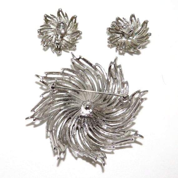 Monet Silver Tone Flower Pin and Clip Earrings - image 2