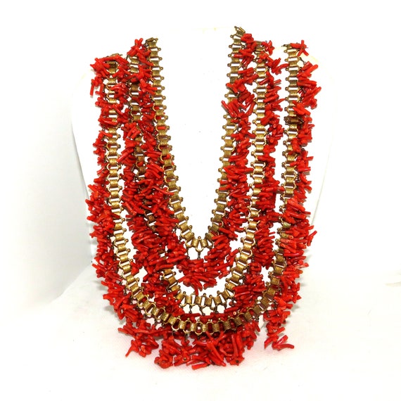 1930's Haskell Style Branch Coral Fringe Necklace - image 1