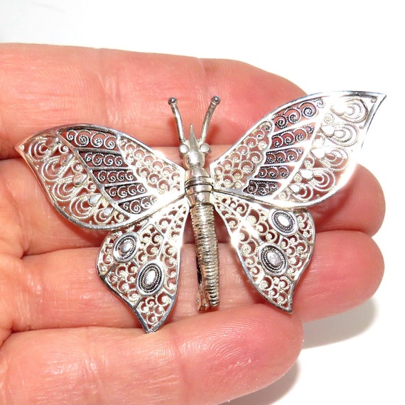 Vintage Movable Wing Sterling Filigree Butterfly P