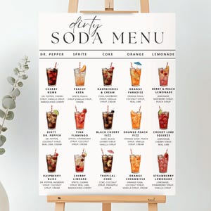 May include: A white menu sign titled Dirty Soda Menu featuring a grid of fifteen illustrated soda drinks with names and ingredient lists. Each drink is shown in a glass with a straw and garnish, organized under columns for Dr. Pepper, Sprite, Coke, Orange, and Lemonade.