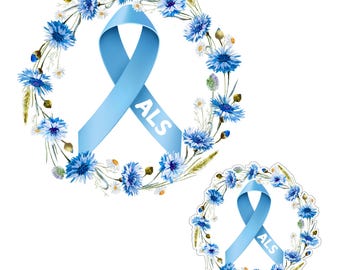 May include: Two blue awareness ribbons with the word "ALS" on them, surrounded by a wreath of blue and white flowers.