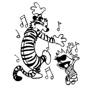 Calvin and Hobbes Dancing Decal: Fun Cartoon Sticker for Car, Laptop, Mug & More