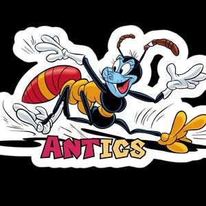 The Ant cartoon ANTICS sticker great for your laptops, mugs, phones and more.