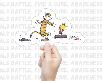 Peut inclure: Un autocollant représentant un tigre et un garçon dessinés en cartoon marchant sur des rochers. L'autocollant a la forme d'une bulle de pensée et un fond blanc. Le texte "ALS BATTLE, FIND A CURE, AWARENESS" est répété en arrière-plan.