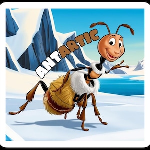 The Ant cartoon ANTARTIC sticker great for your laptops, mugs, phones and more.
