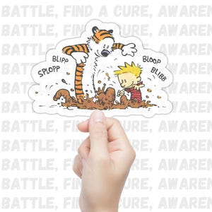 Calvin and Hobbes mud splashing Stickers: Heartwarming Cartoon Decals for Fans of Bill Watterson's Comic