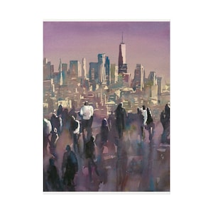 Könnte beinhalten: Aquarellmalerei einer Stadtlandschaft mit lila Himmel. Im Vordergrund sind Silhouetten von Figuren zu sehen, im Hintergrund eine Ansammlung von Gebäuden. Die Gebäude sind in Grau-, Blau- und Brauntönen gehalten.