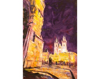 Prague watercolor painting Czech Republic landscape artwork, trendy wall art handmade home decor sunset painting artwork (digital download)