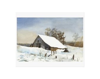 Snowy Barn Fine Art Posters, Winter Landscape Watercolor Painting Home Decor Print, Farmhouse Wall Art, Country Chic Decor, Rustic Farmhouse