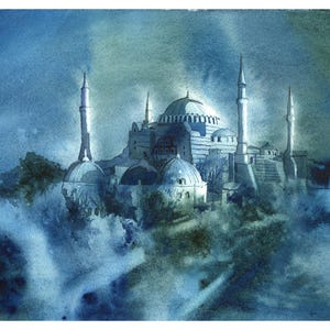Hagia Sofia mosque church Istanbul Turkey skyline watercolor painting art for house handmade item travel decor colorful painting