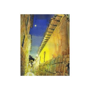 May include: Watercolor painting of a narrow street at night. Buildings with stone walls and tiled roofs line the street, illuminated by warm yellow light. A deep blue sky with a full moon is visible above.