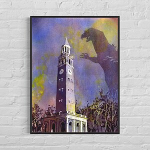 UNC Belltower Monster Attack at Dusk Art, Funny Graduation Gift, Chapel Hill Landscape University of North Carolina Dorm Room Poster Print image 3