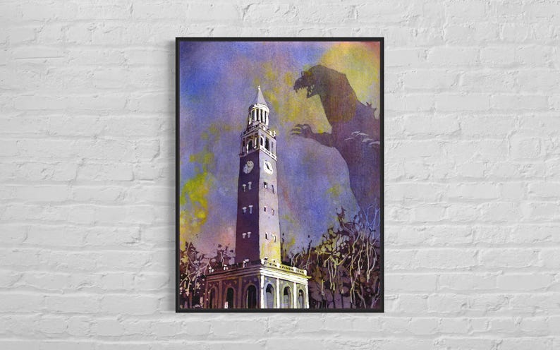 UNC Belltower Monster Attack at Dusk Art, Funny Graduation Gift, Chapel Hill Landscape University of North Carolina Dorm Room Poster Print image 3