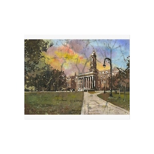 Impression d'art ancienne principale Penn State, aquarelle architecture universitaire, cadeau d'anciens élèves, décoration murale campus, peinture de paysage batik, art universitaire