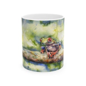 Frog Ceramic Mug, Colorful Watercolor Painting, Kids Room Decor Fine Art, Amphibian Animal Handmade Item, Gift for Nature Lovers, Unique Tea
