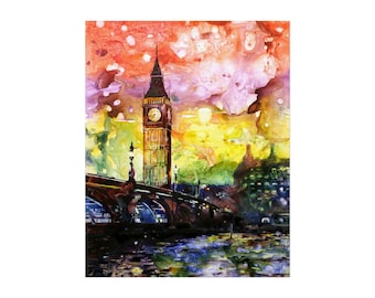 ロンドンアート 水彩画 都市風景画 ビッグベン 時計塔 アート ロンドン
